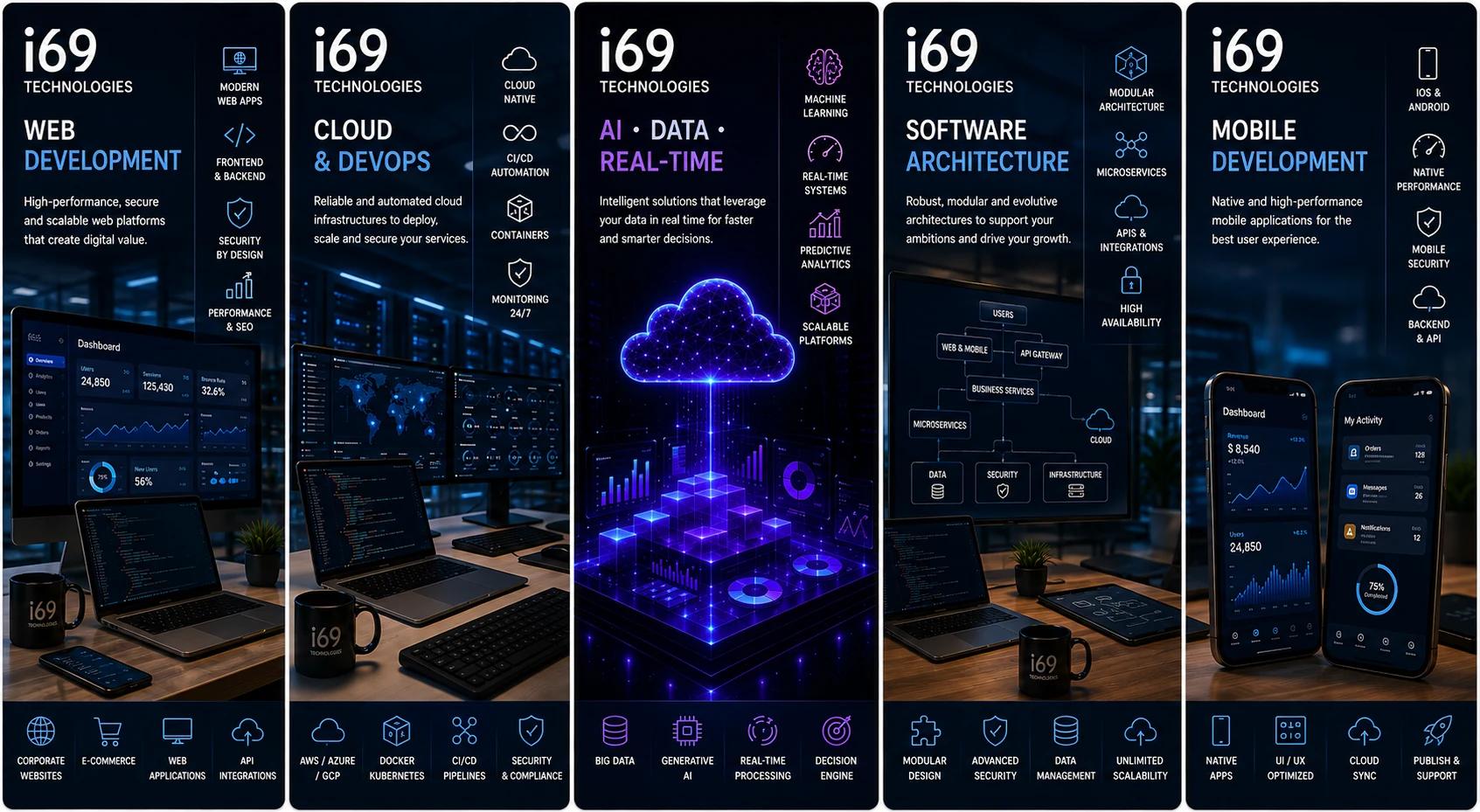 i69 Technologies expertise: Web, Cloud and DevOps, AI and real-time, software architecture and mobile
